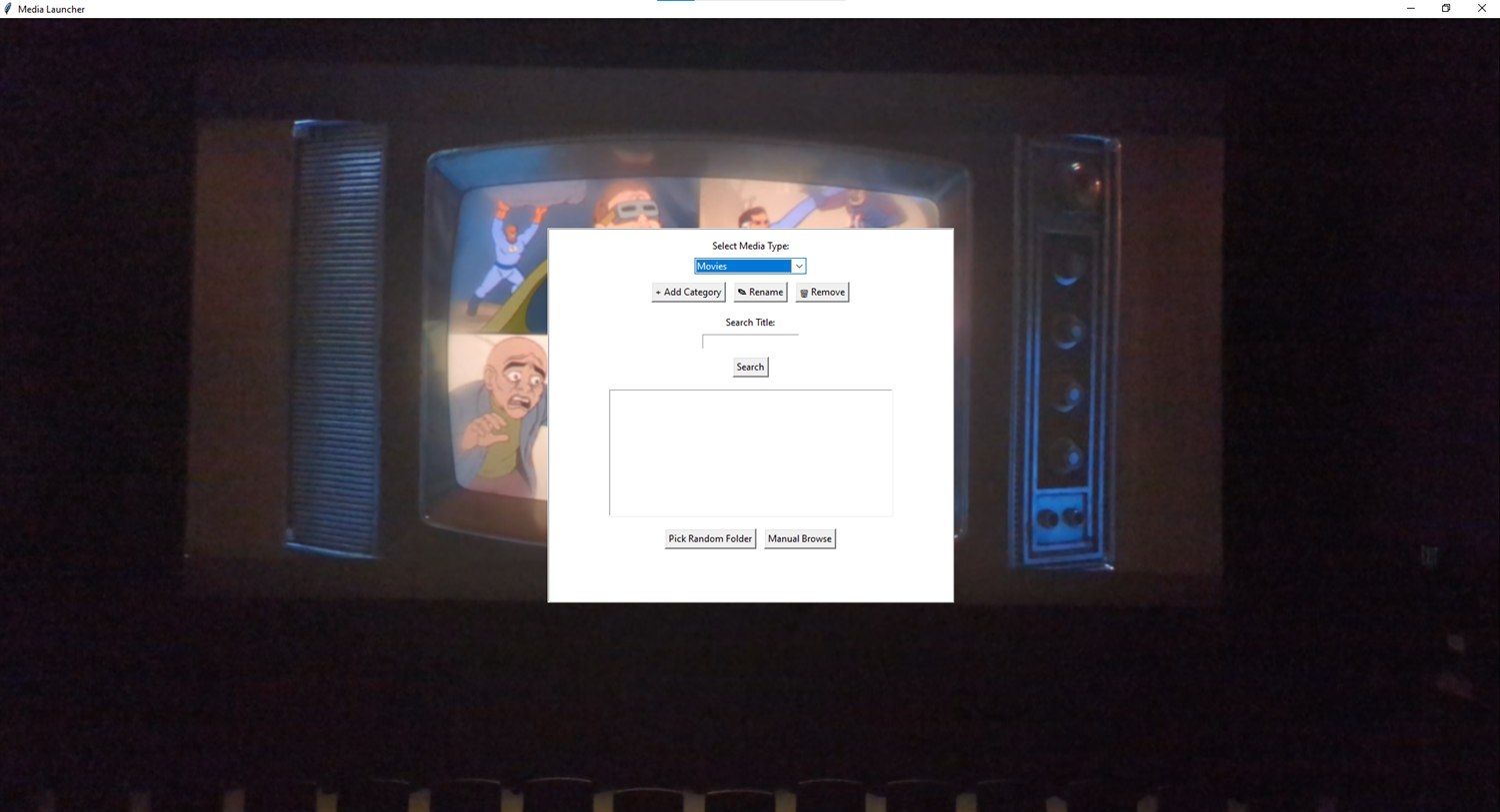 Media Selector desktop interface with category controls, title search, and browsing actions.