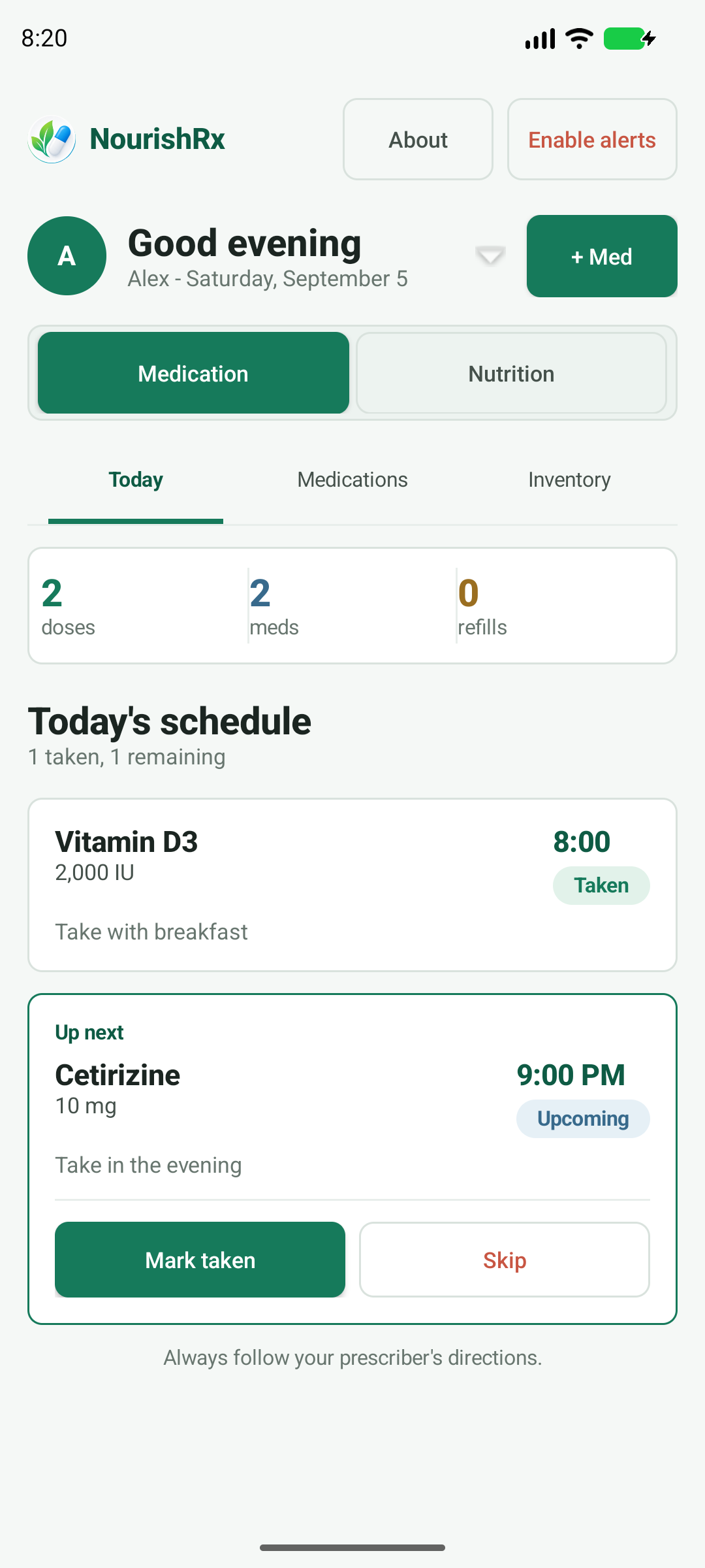 NourishRx medication dashboard showing example scheduled medications, dose status, and refill count.